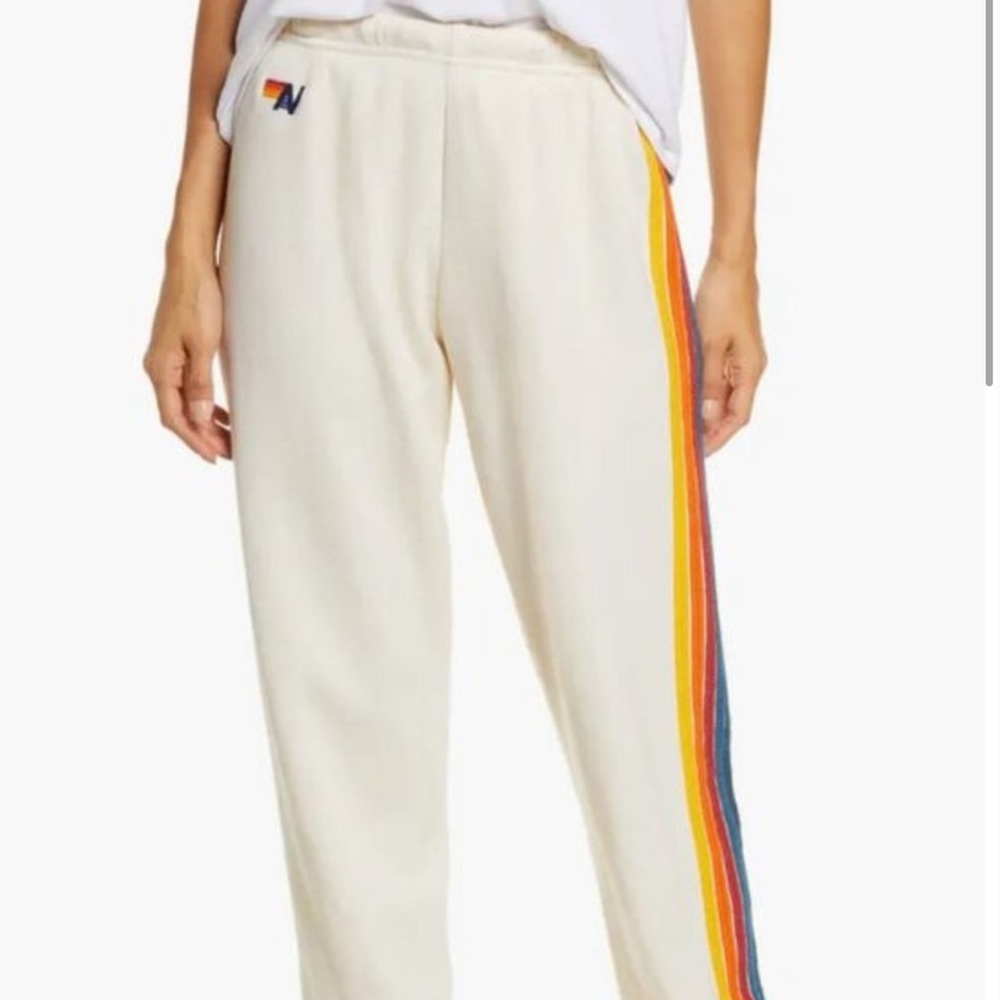 Aviator Nation Cream Track Pants with Rainbow Stripes